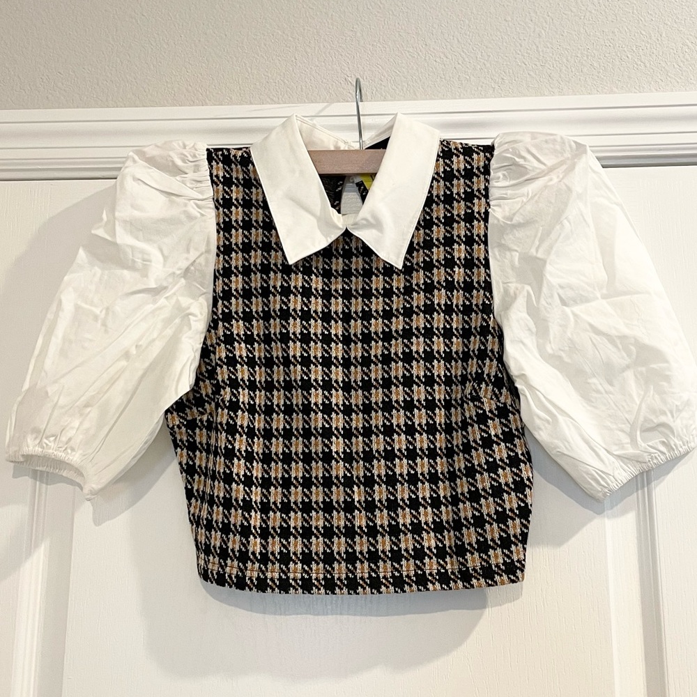 Preppy Puff Sleeve layered Top w/ Herringbone plaid, other size available!